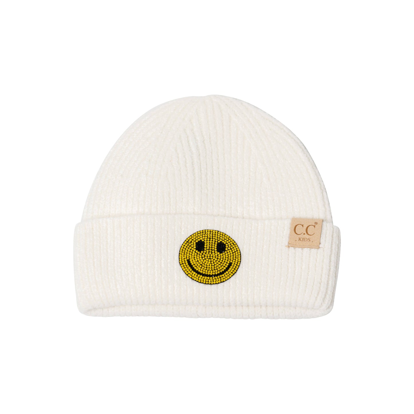 Solid Beanies with Happy Face Rhinestone Patch