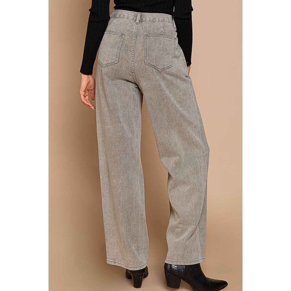 Button Detail Waist Solid Twill Pants