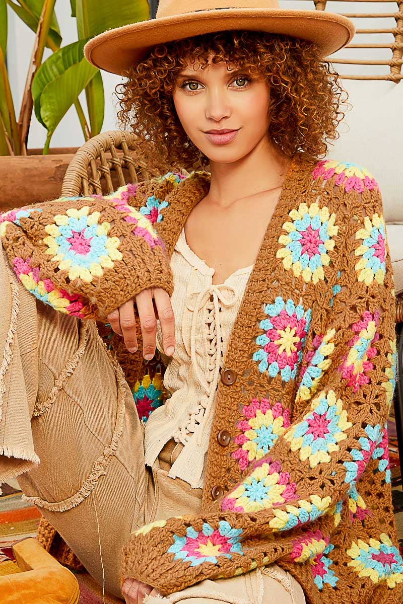 Button hand knit granny square patch cardigan sweater