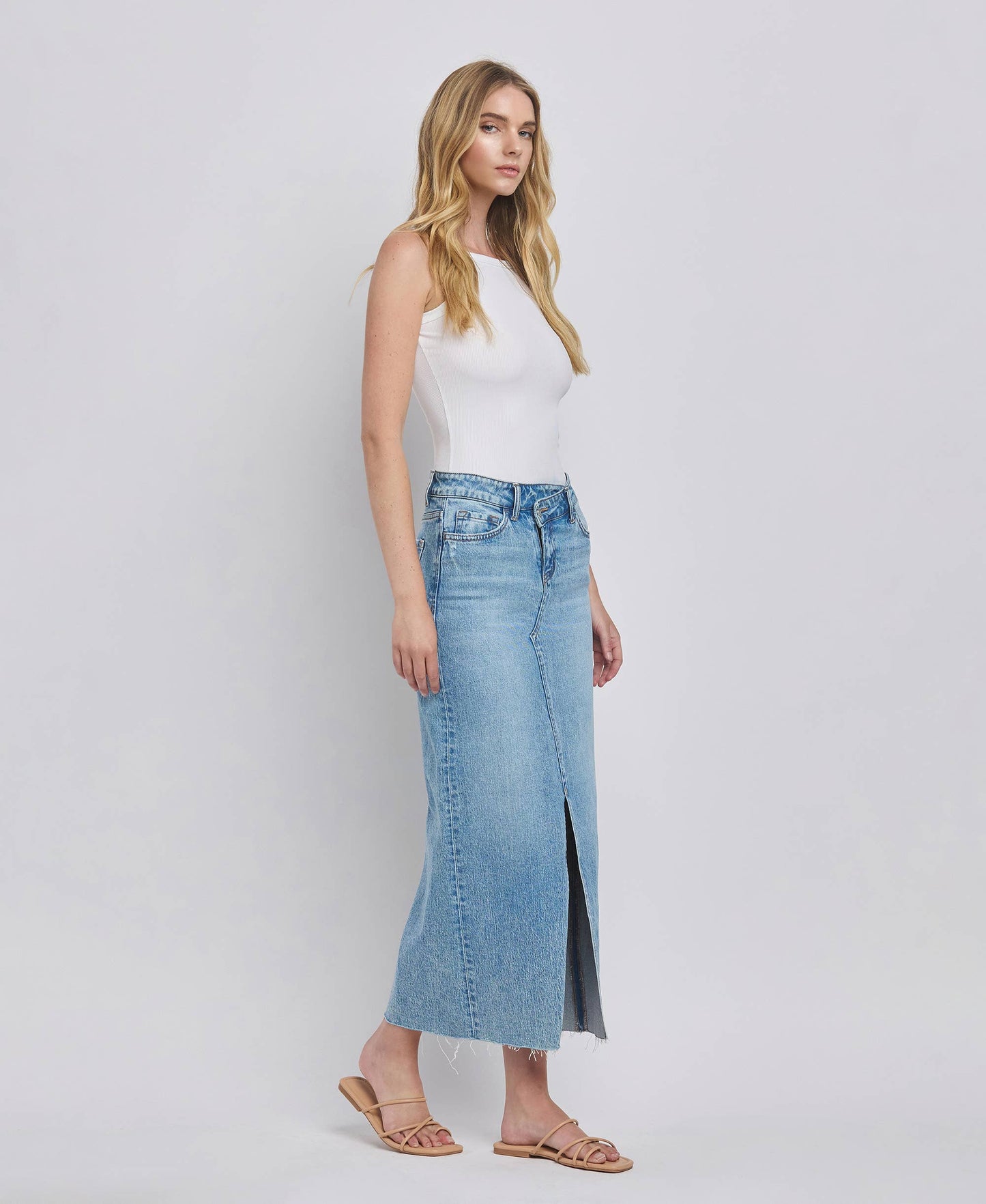 CRISS CROSS FRONT SLIT MAXI DENIM SKIRT T6490