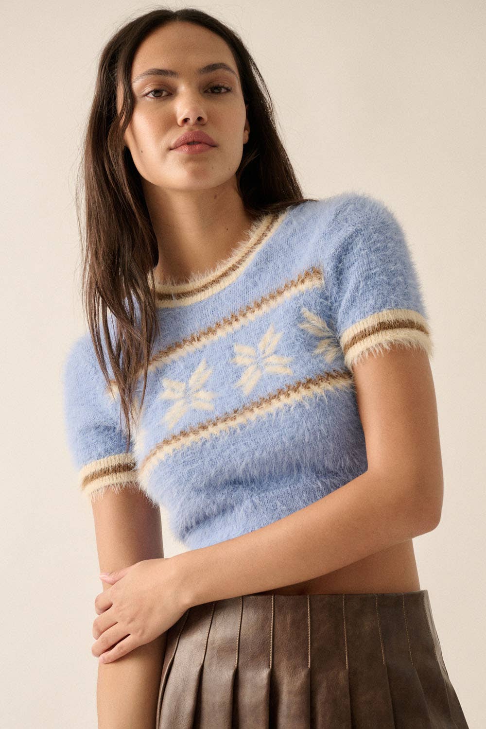 Alpine Fuzzy Knit Cropped Short-Sleeve Sweater