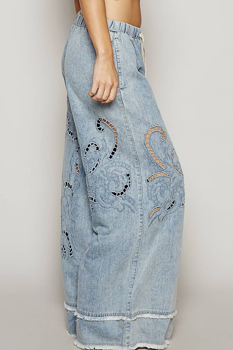 Vintage washing outseam woven twill wide pants