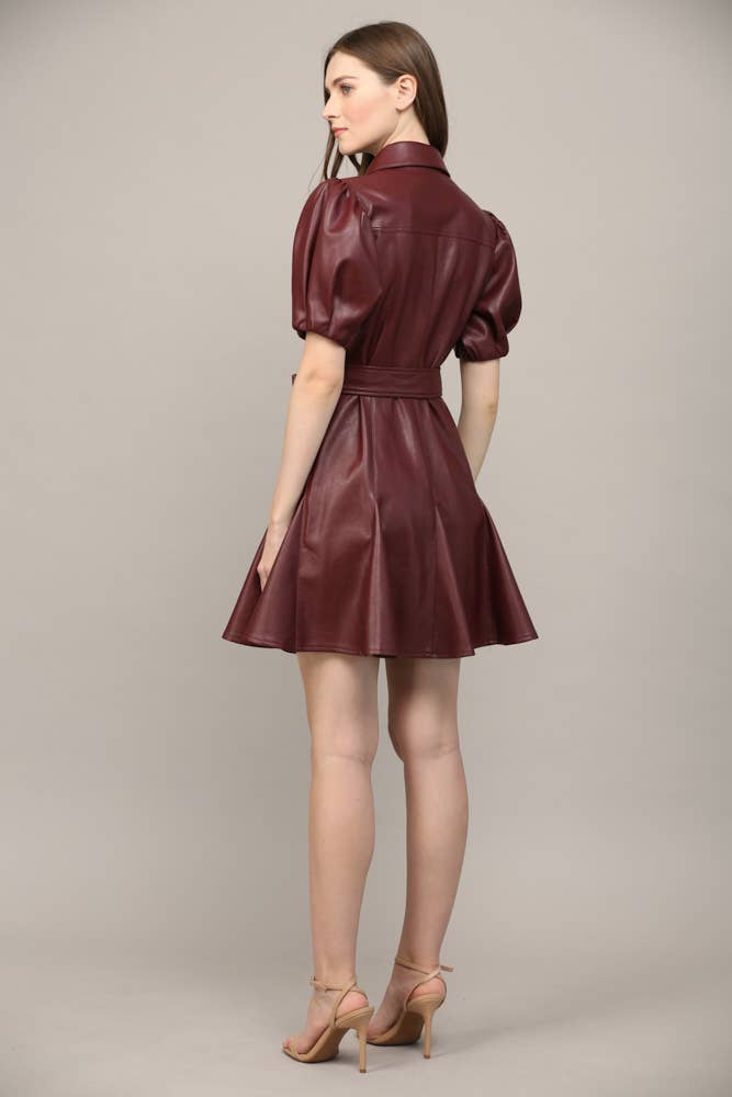 PANELLED FAUX LEATHER WAIST TIE PUFF SLEEVE FLARE DRESS