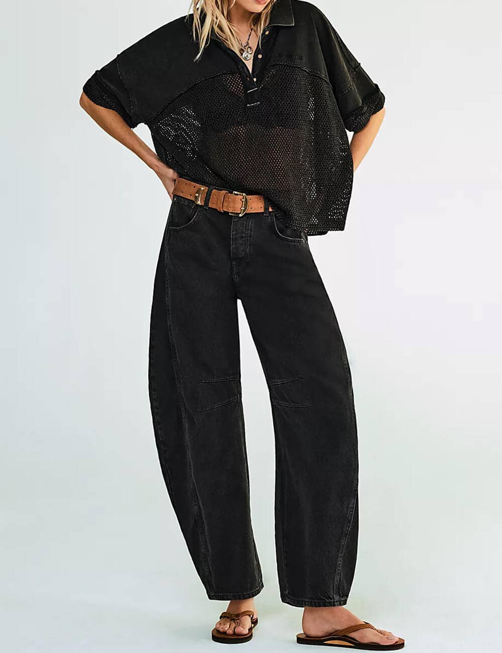 Ladies Mid Rise Wide Leg Barrel Jeans SKP522