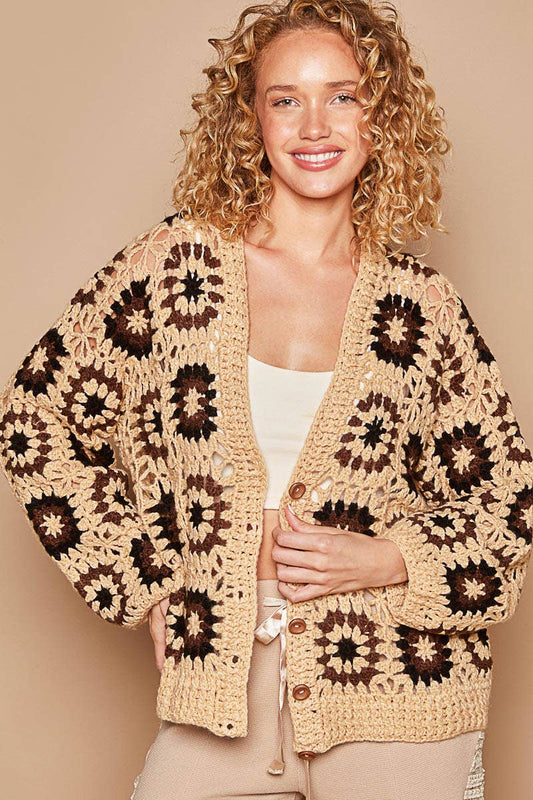 Button hand knit granny square patch cardigan sweater