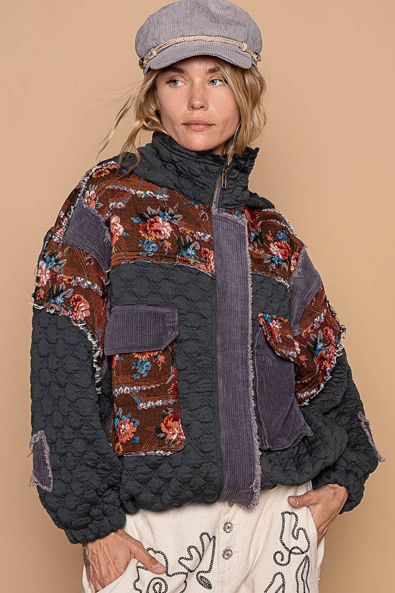 Oversize floral print contrast qulited jacket