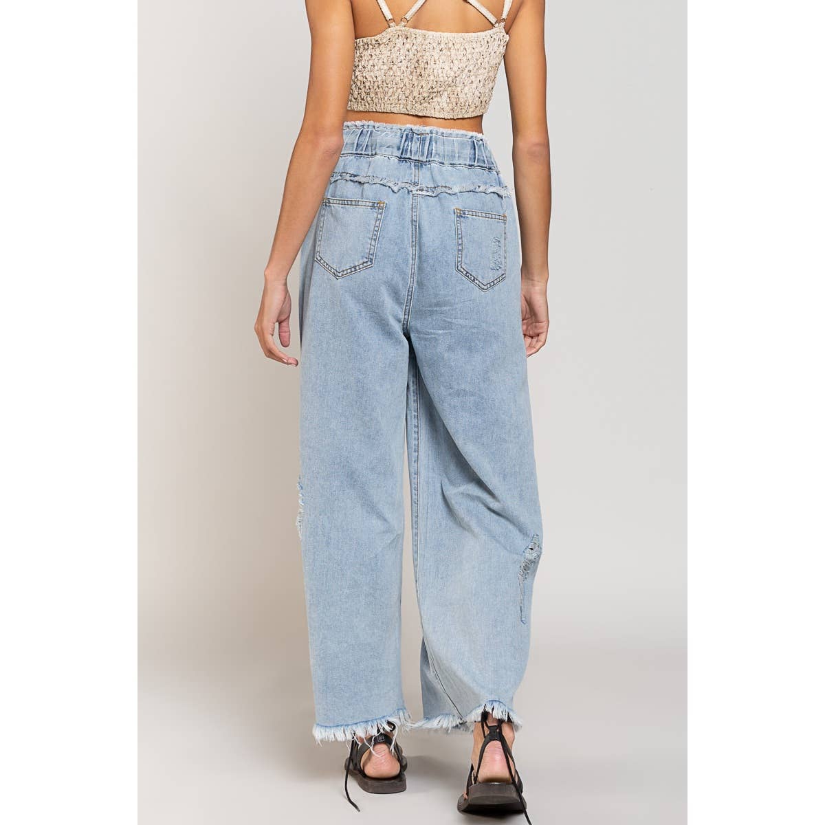 Wide leg drawstring elastic waist distressed denim pants