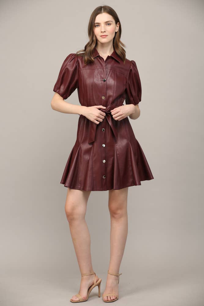 PANELLED FAUX LEATHER WAIST TIE PUFF SLEEVE FLARE DRESS