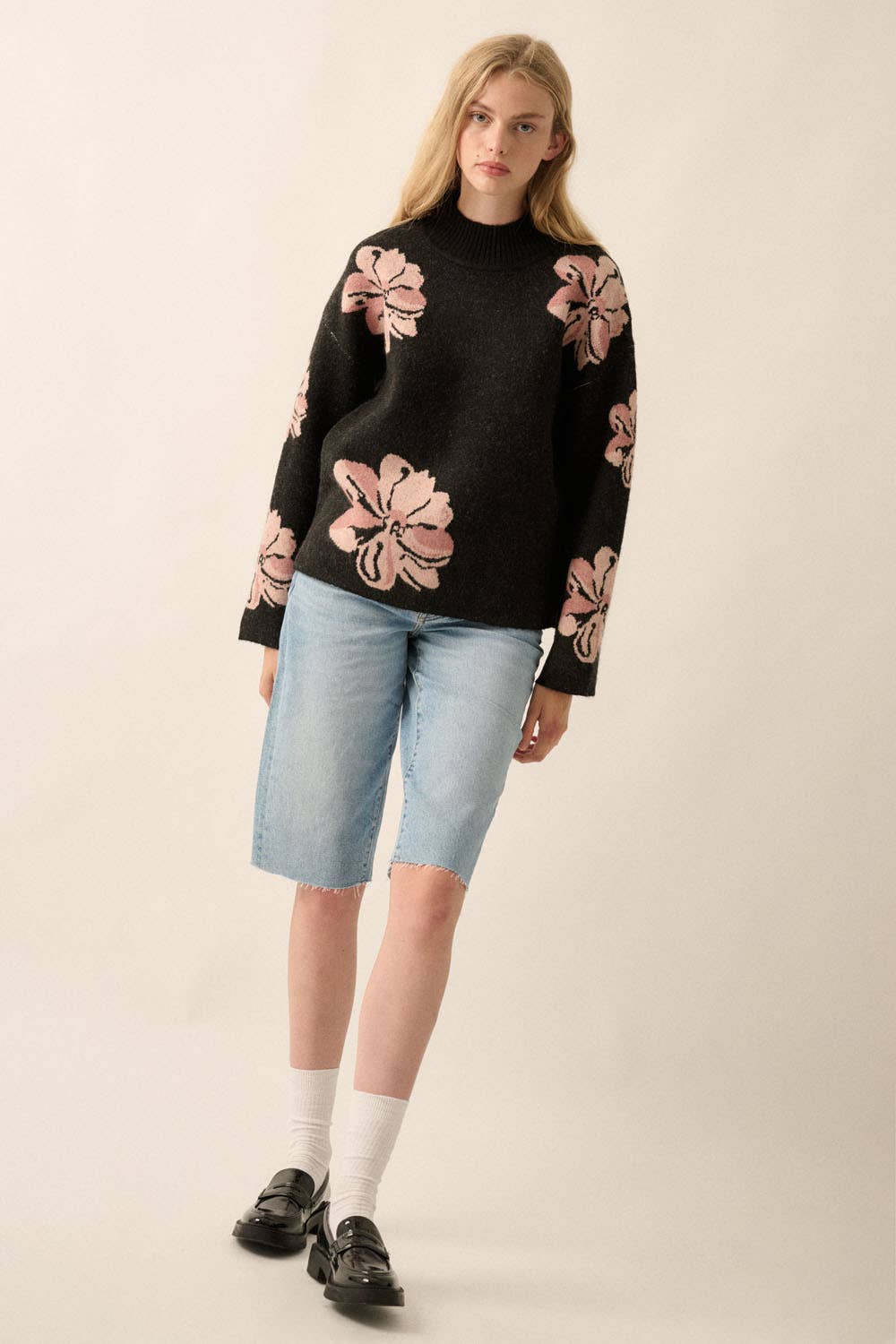 Floral-Pattern Knit Mock-Neck Sweater