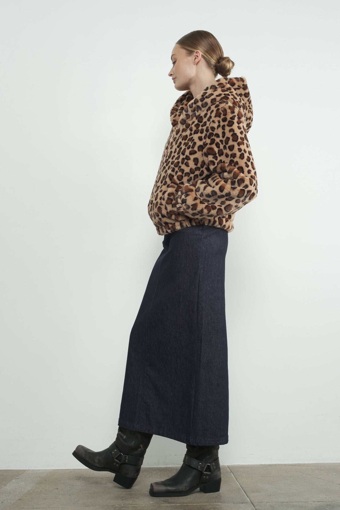 LEOPARD PRINT FAUX FUR HOODIE JACKET