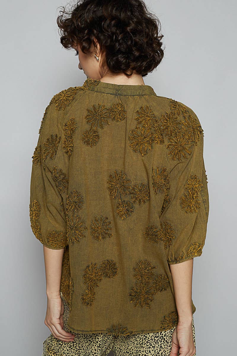 Floral embroidered short sleeve button down top