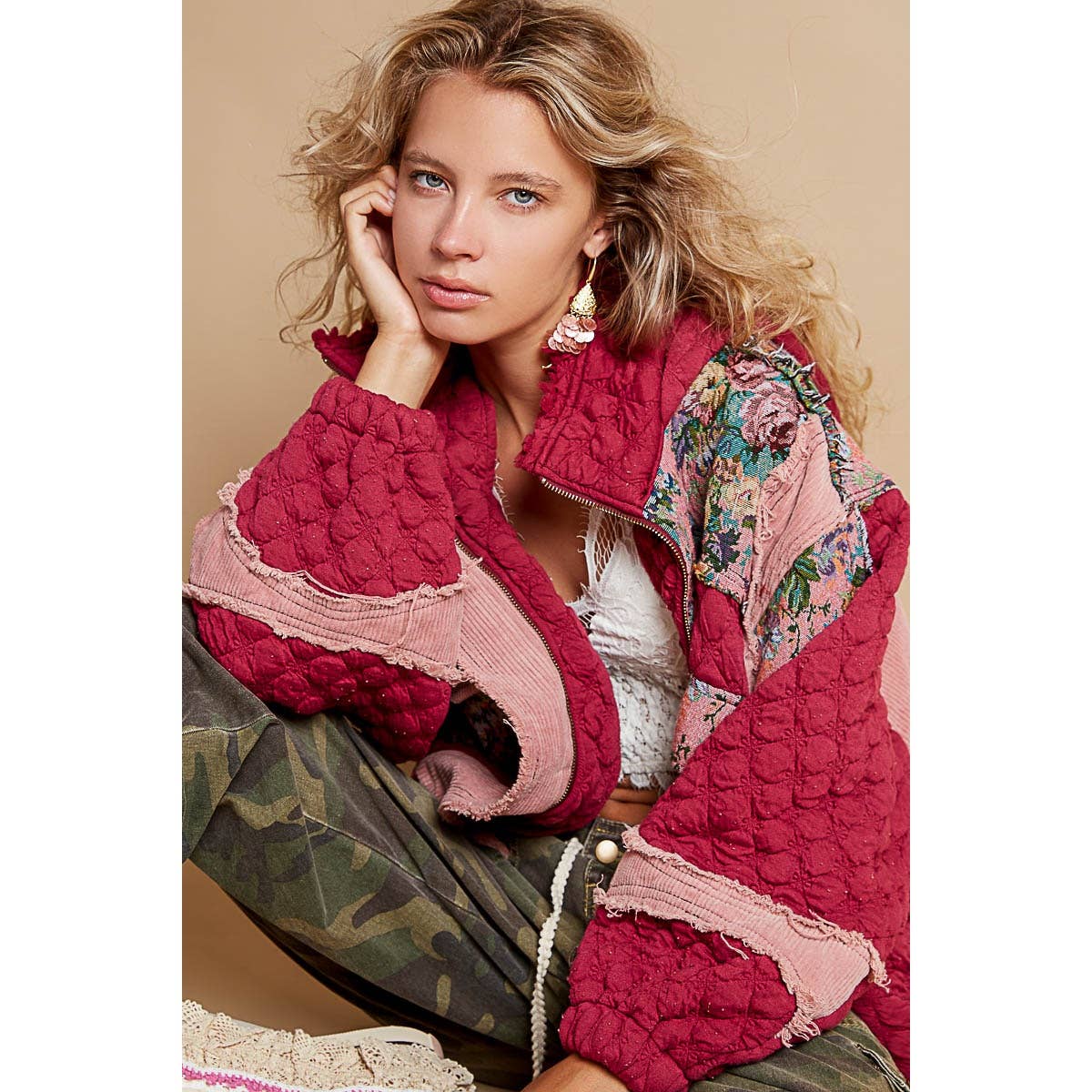 Oversize floral print contrast qulited jacket