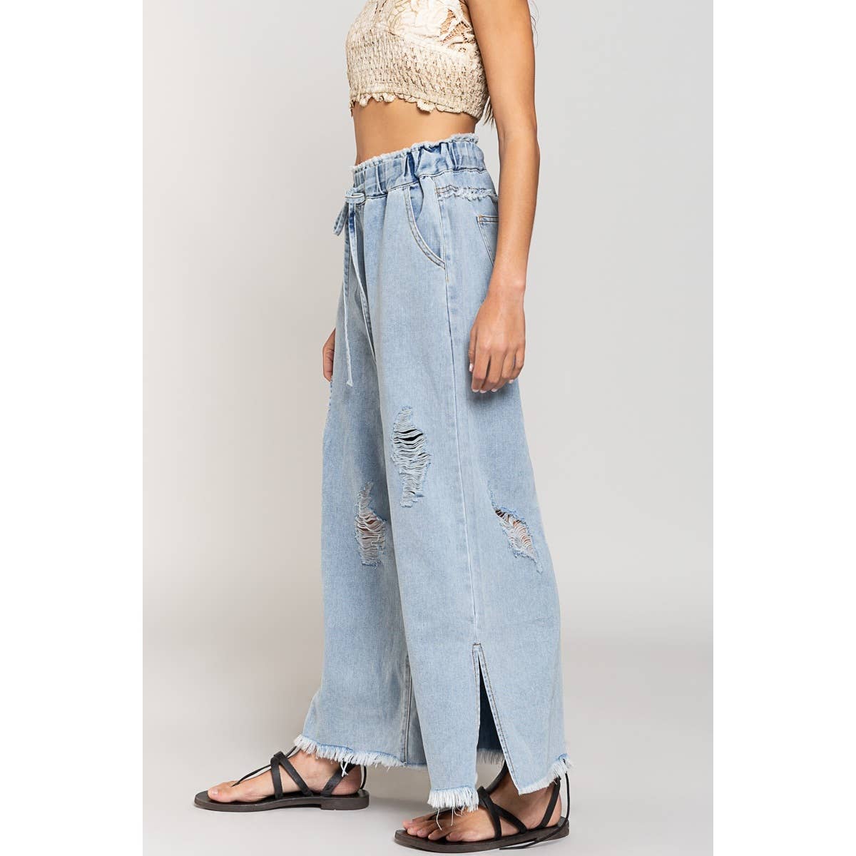 Wide leg drawstring elastic waist distressed denim pants