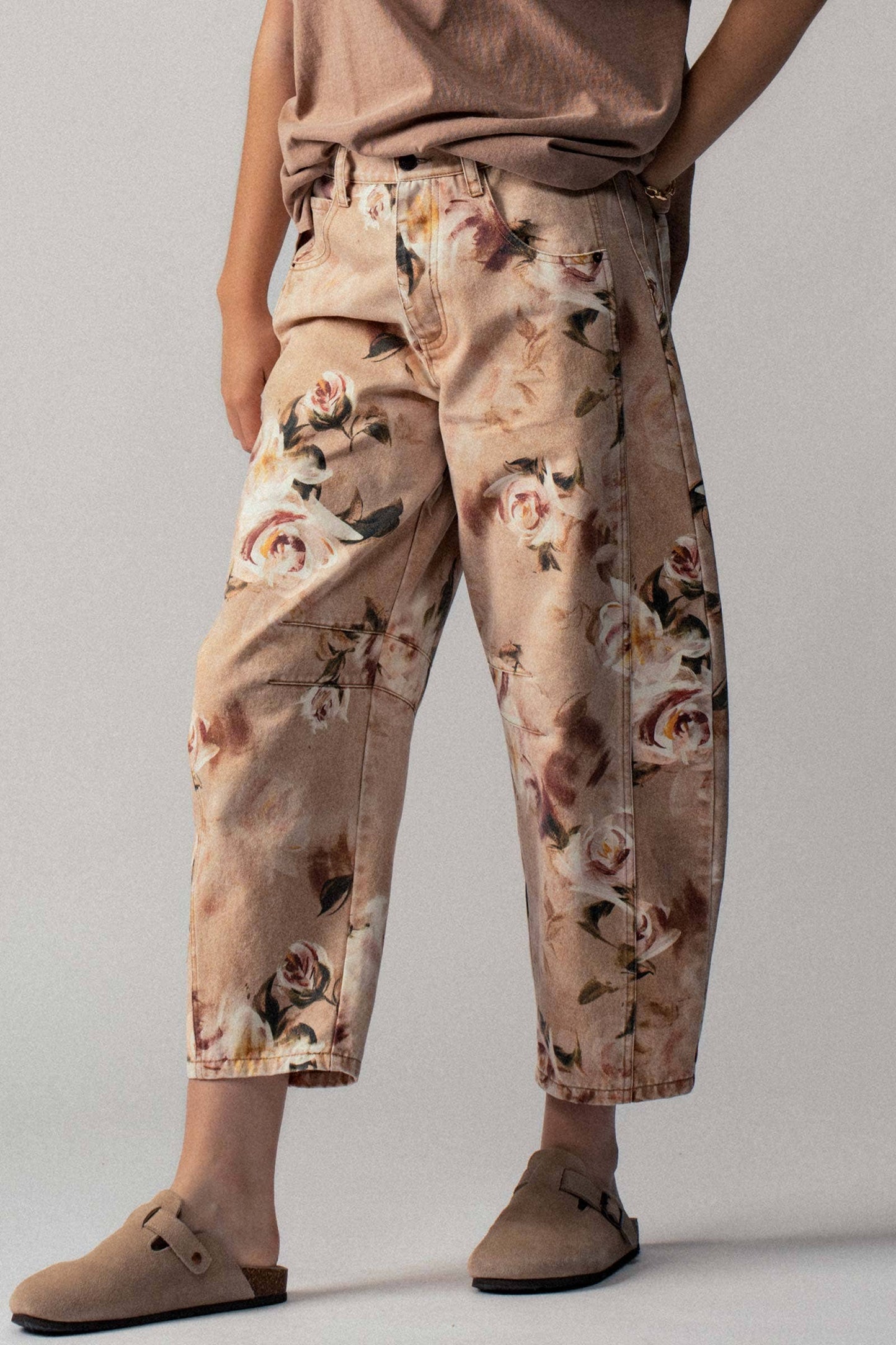 Vintage Rose Print Wide Leg Jeans