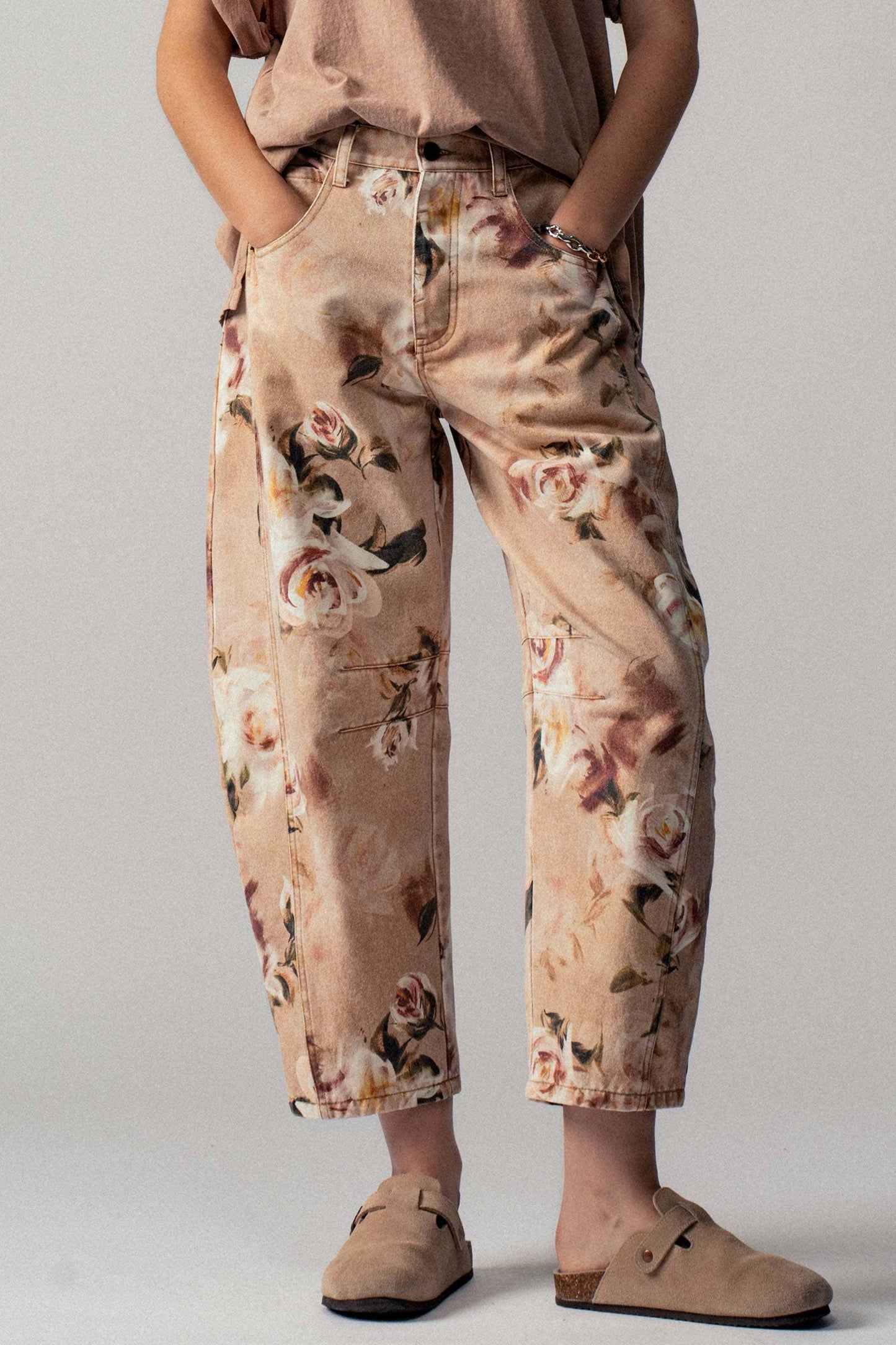 Vintage Rose Print Wide Leg Jeans