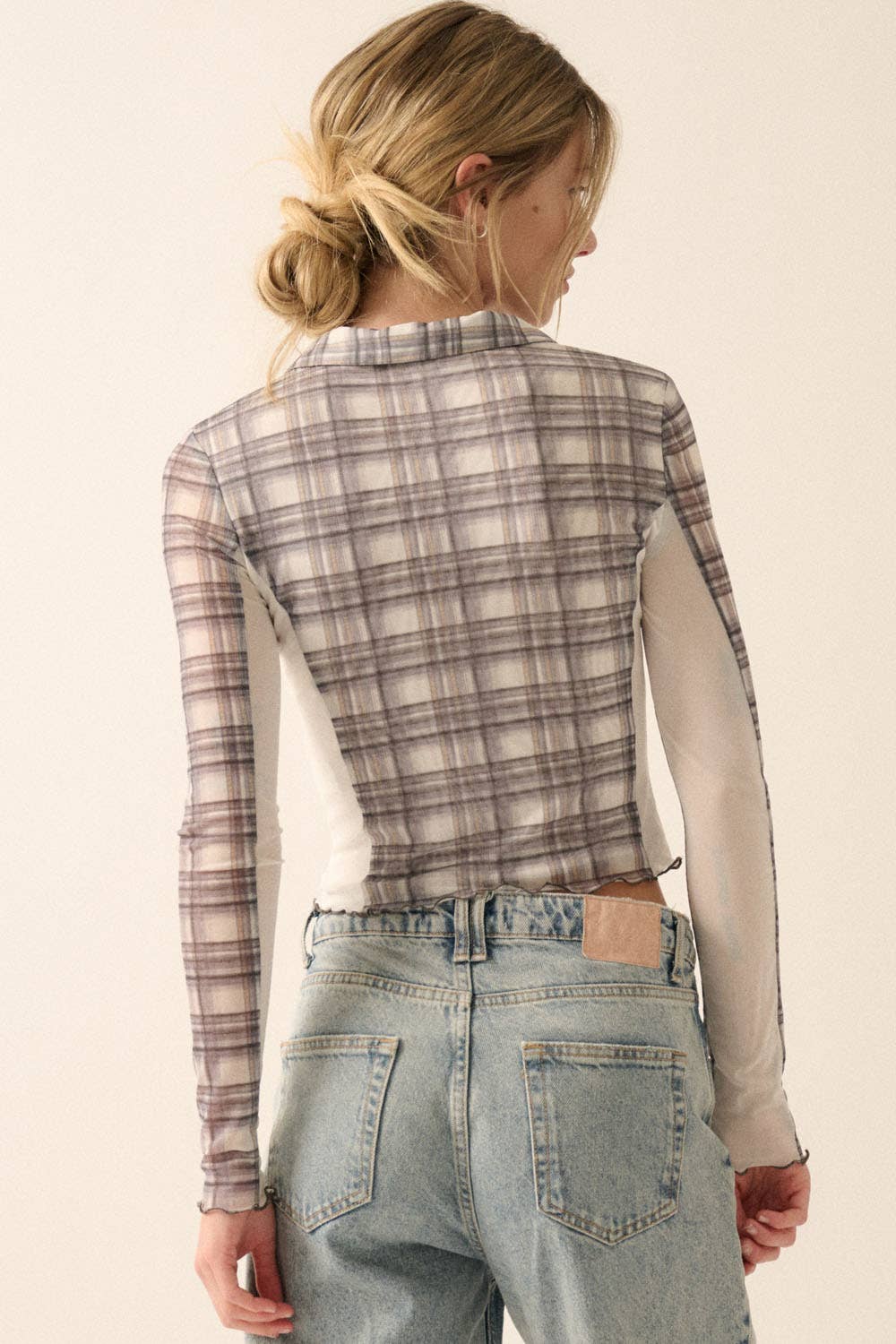 Plaid Woven Mesh Cropped Shirt