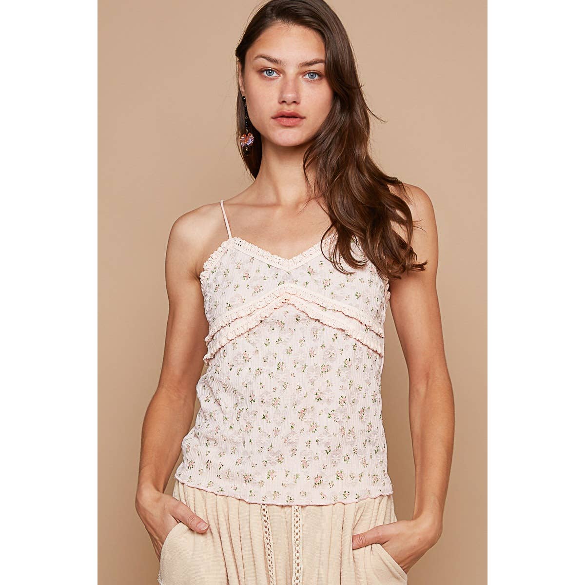 Floral print lace detailing tank top