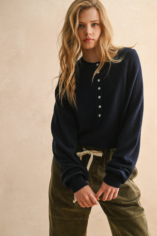 HALF BUTTON FRONT LONG SLEEVE SWEATER TOP