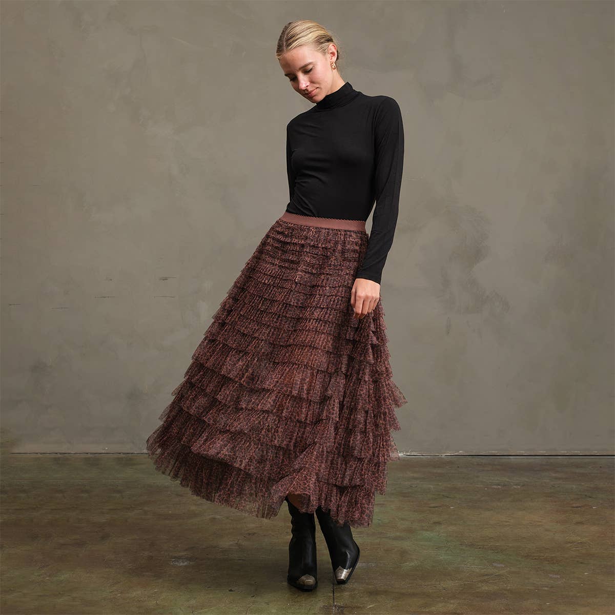 Leopard Mesh Tiered Skirt with Elastic Waist - RS1039