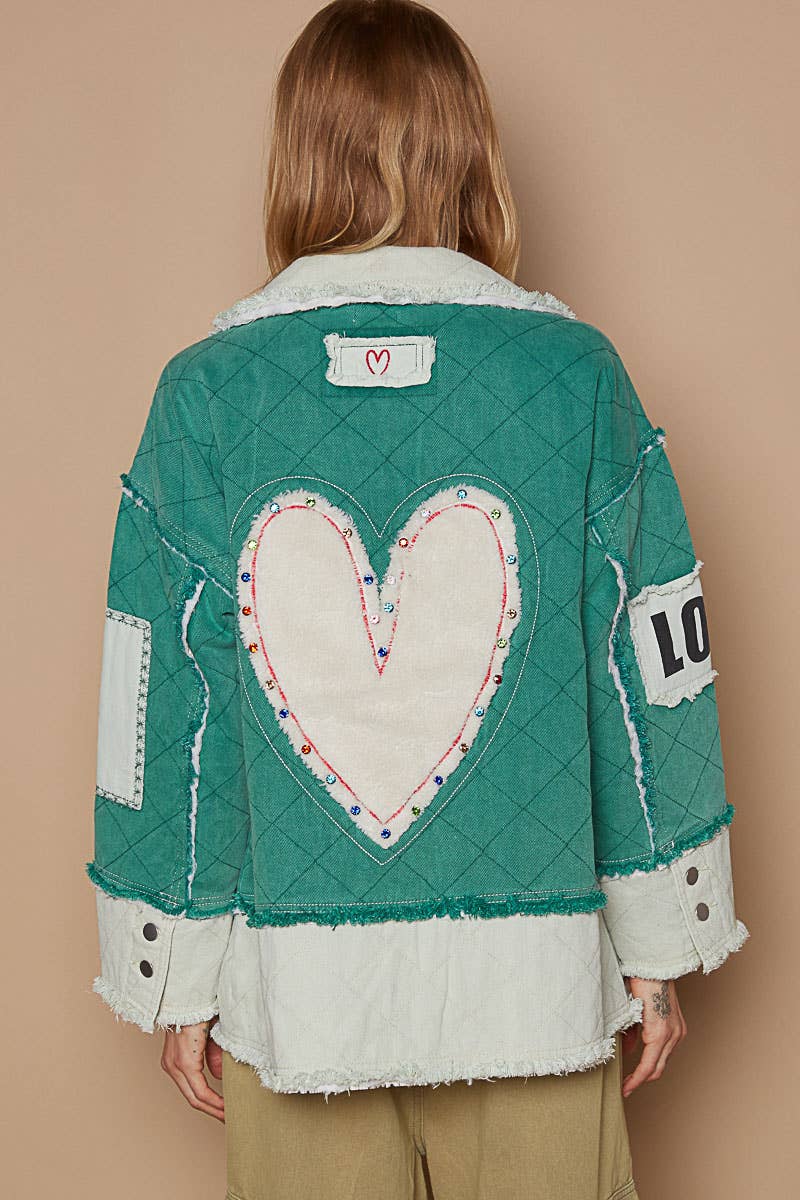 Colorblocked twill patch studded back heart jacket