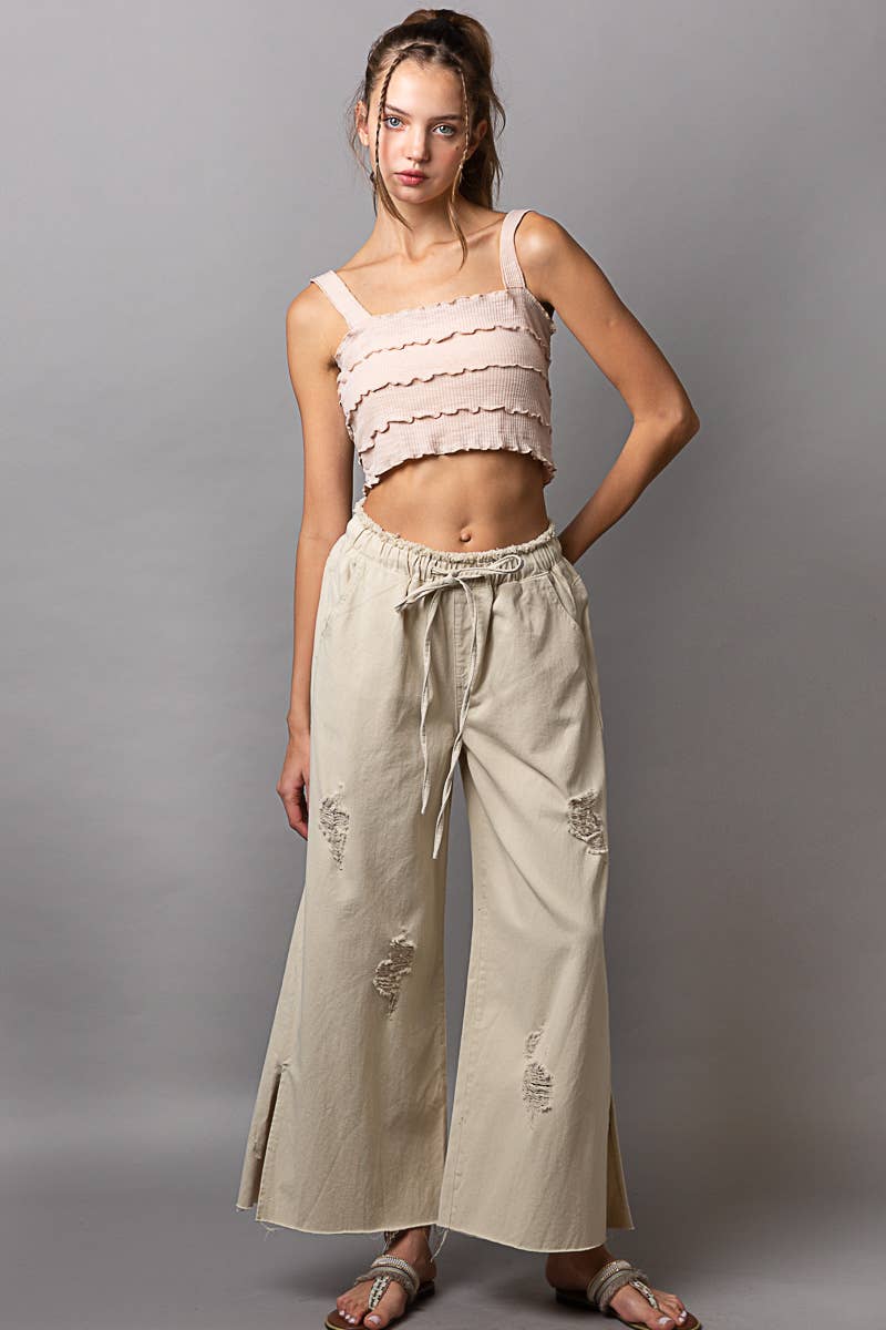 Wide leg drawstring elastic waist distressed denim pants