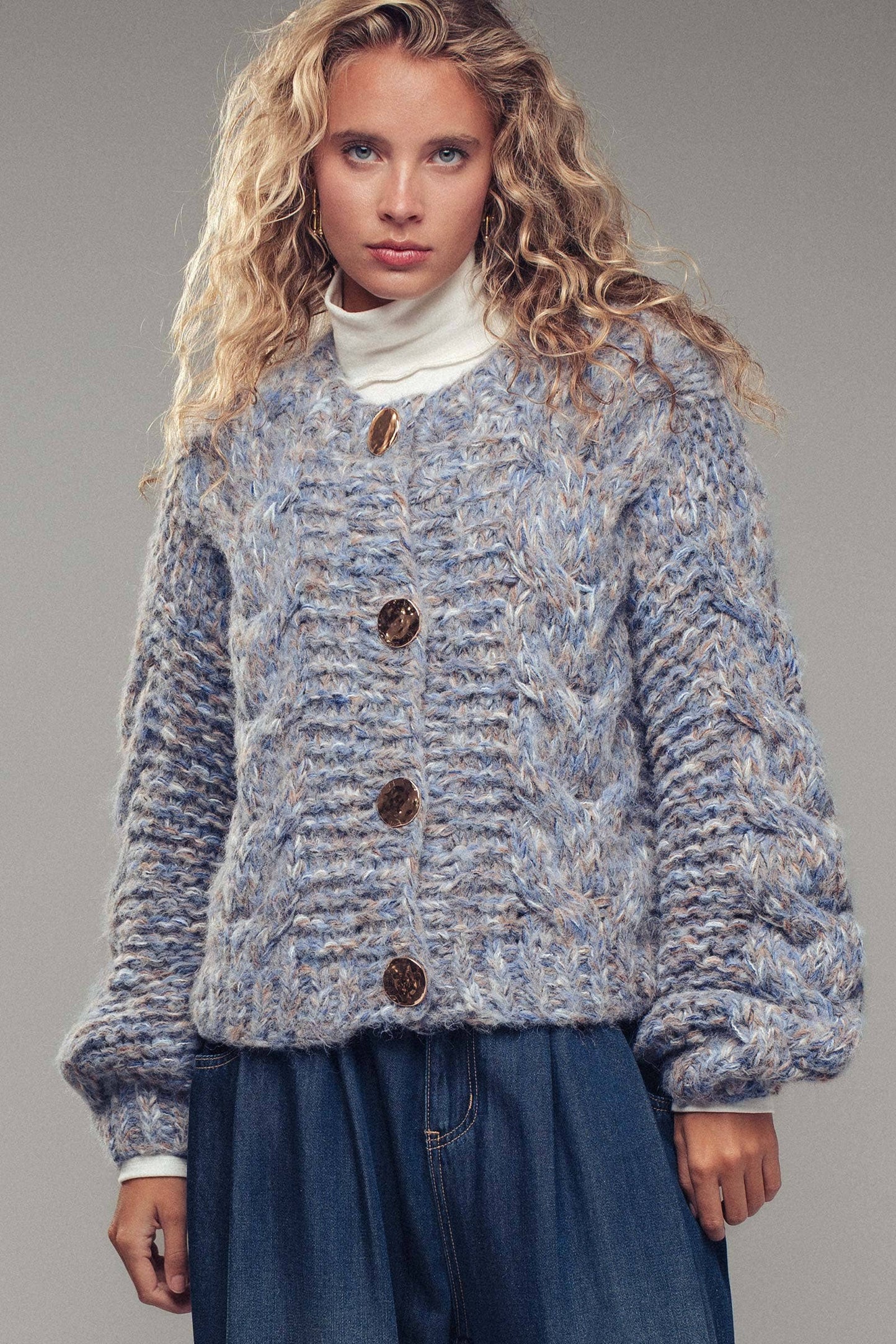 Chunky Marled Knit Gold Button Cardigan