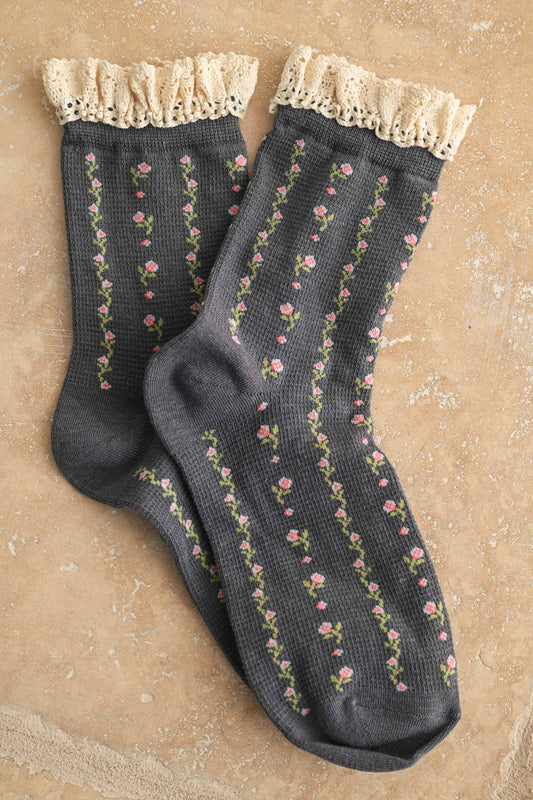 A5361   FLORAL PRINT CROCHET TRIM SOCKS