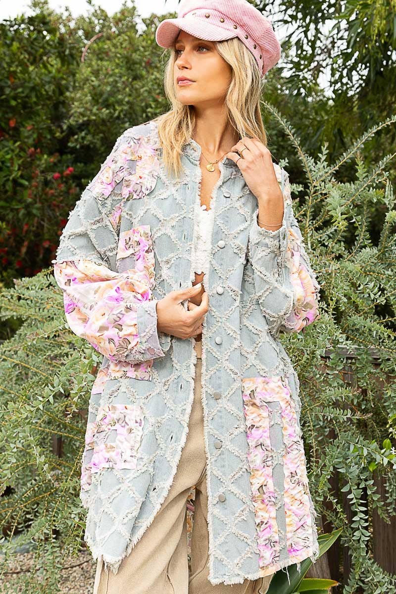 Contrast floral print frayed texture button down shacket