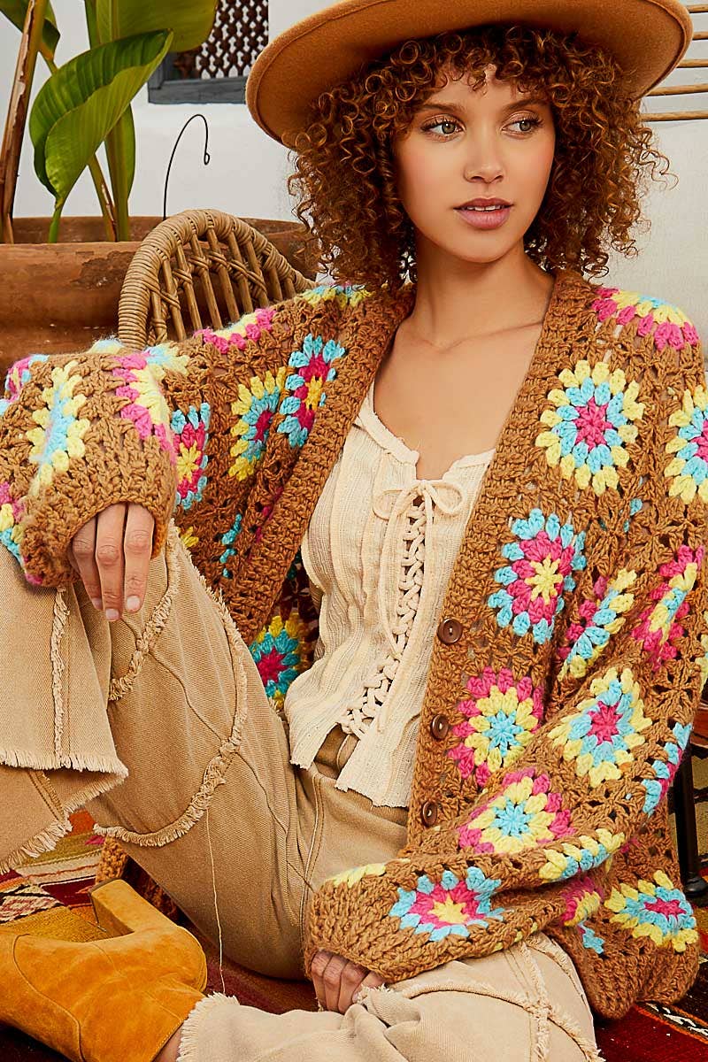 Button hand knit granny square patch cardigan sweater