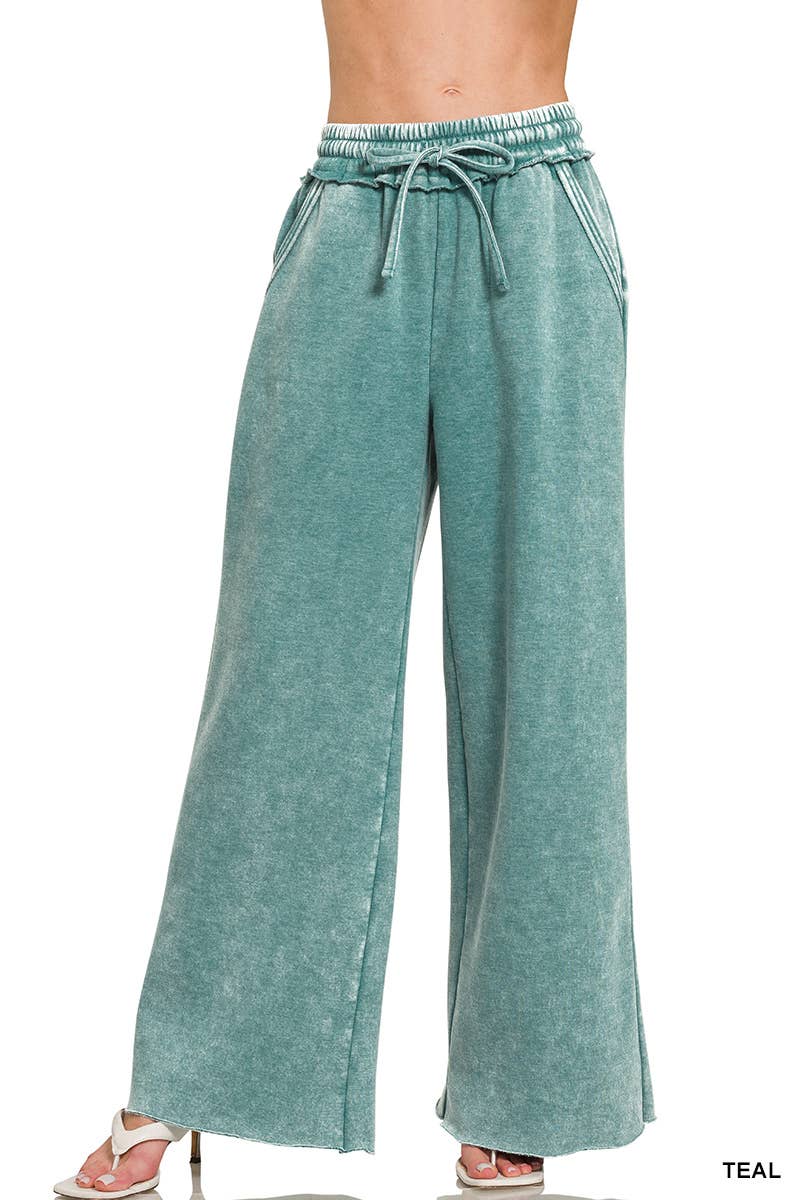 Acid Wash Fleece Palazzo Sweatpants With Pockets