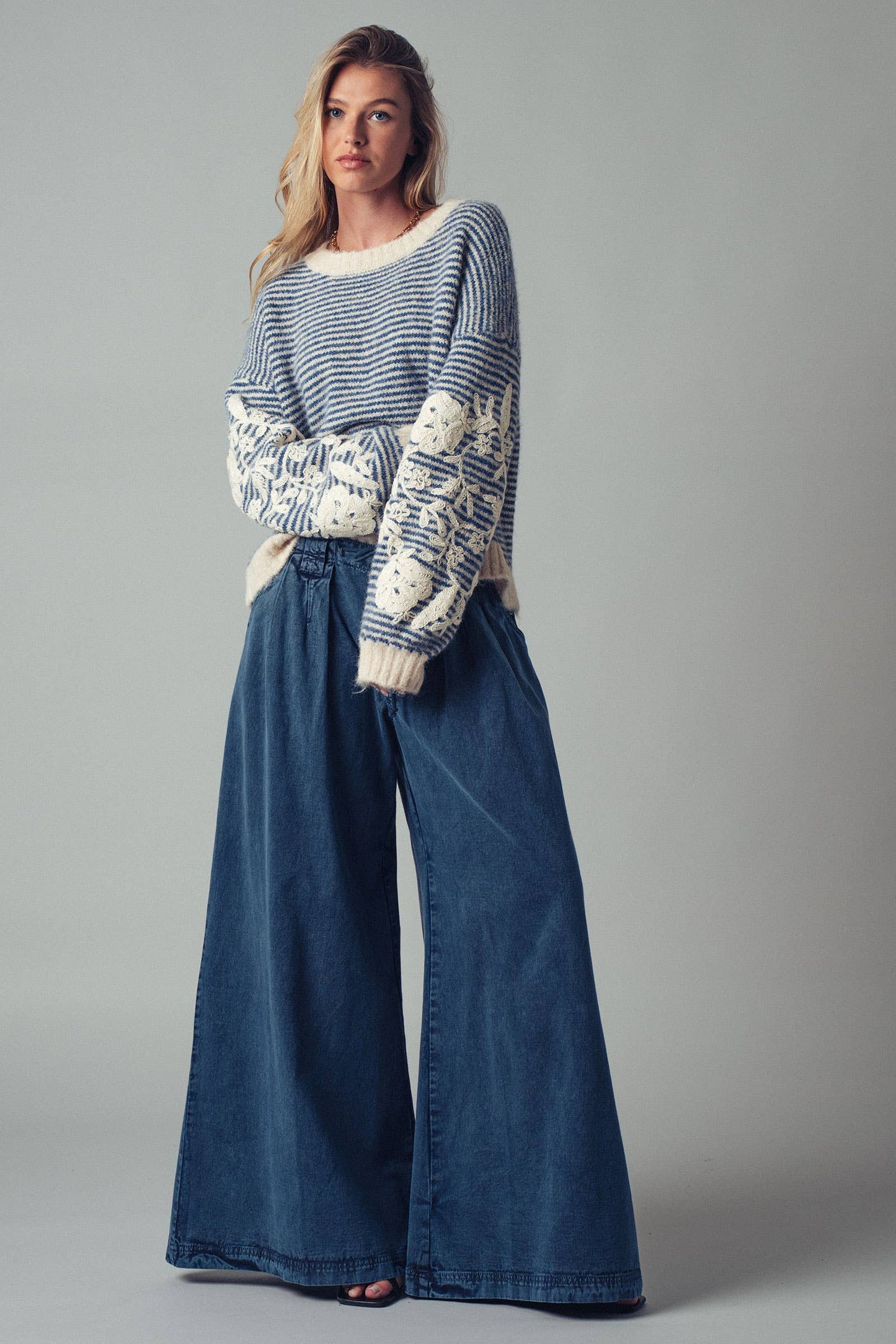 Floral Embroidered Striped Knit Sweater