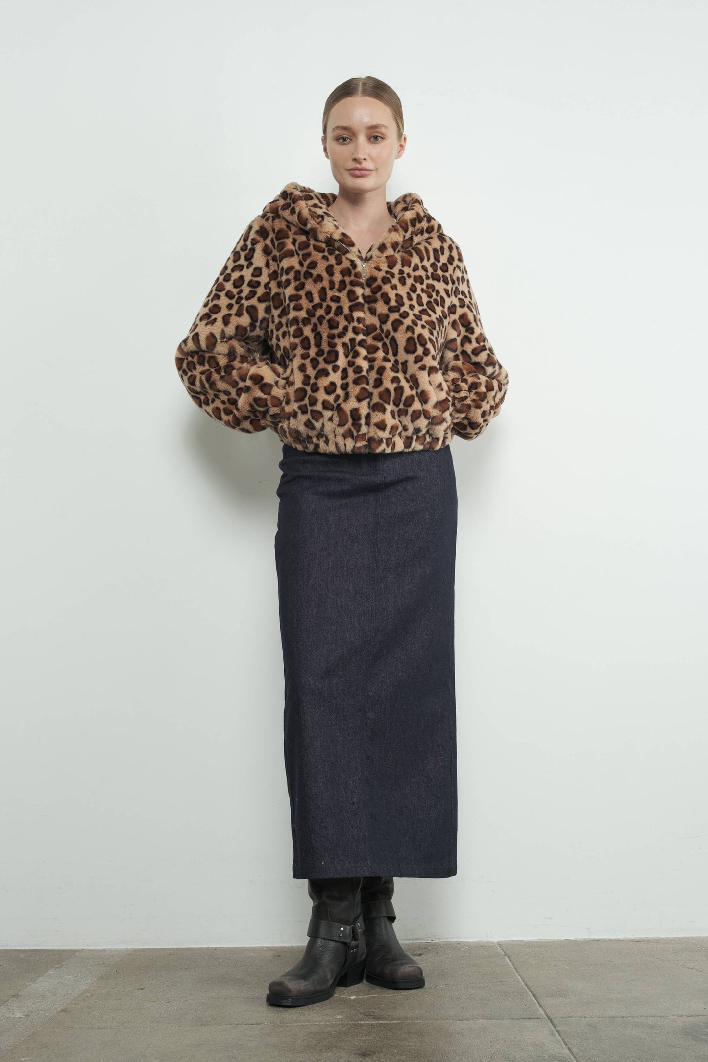 LEOPARD PRINT FAUX FUR HOODIE JACKET