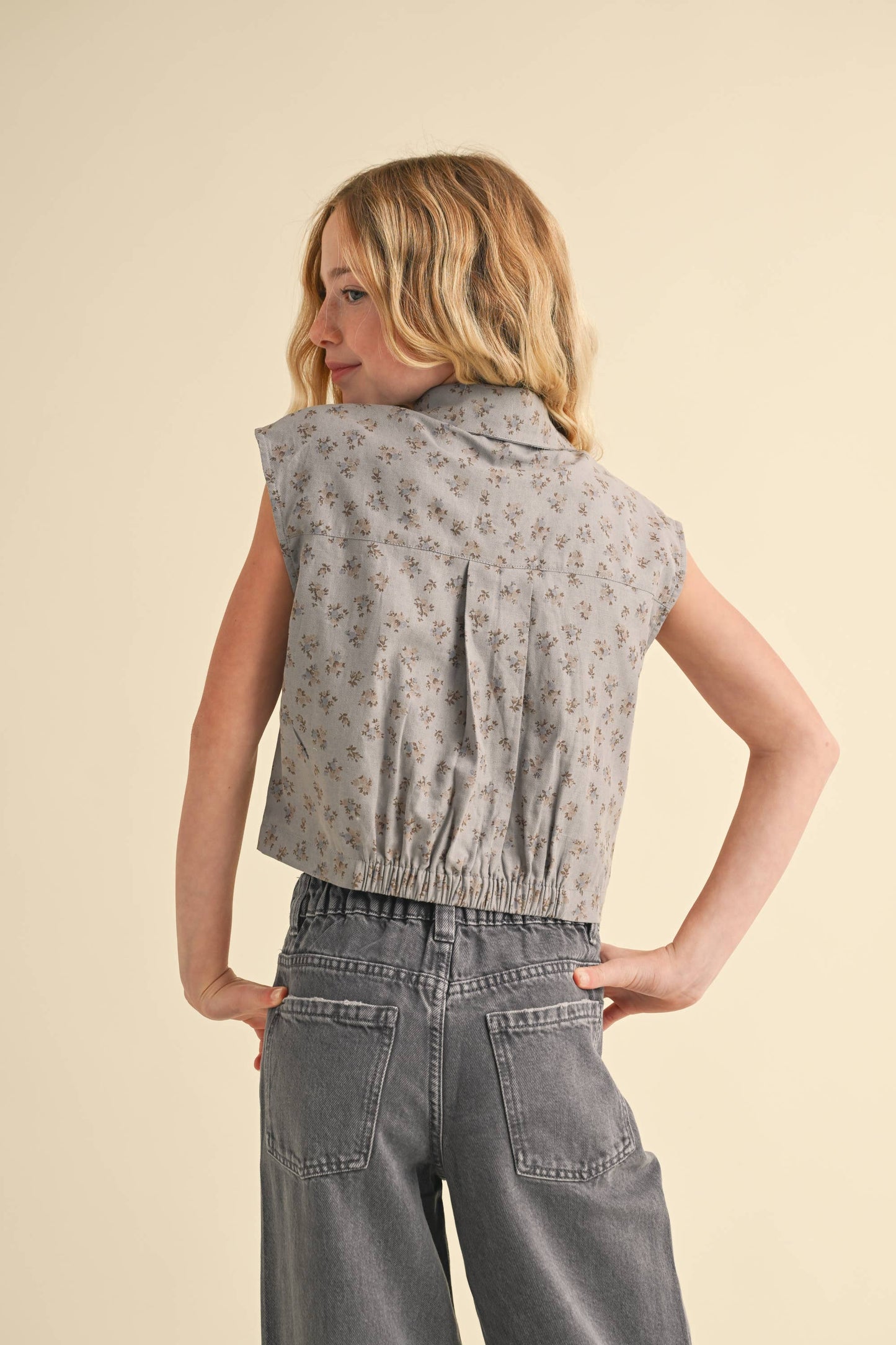 TWEEN GIRLS KIDS S/L BUTTON UP CROPPED SHIRT (7-14)