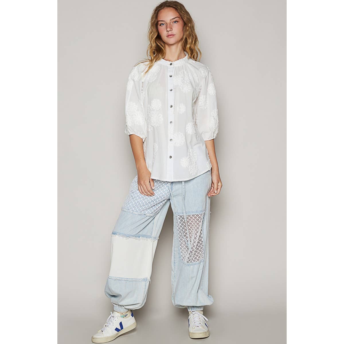 Floral embroidered short sleeve button down top