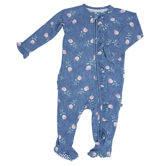Ruffle Footie Denim Roses