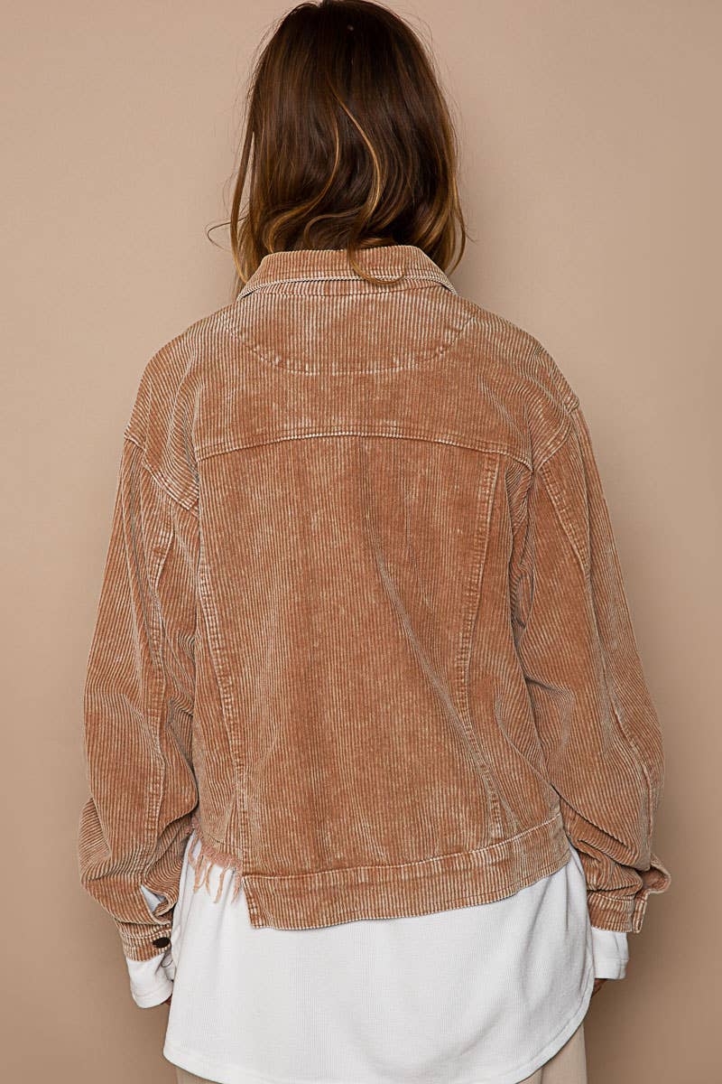 Pocket front button down distressed hem corduroy jacket SALE