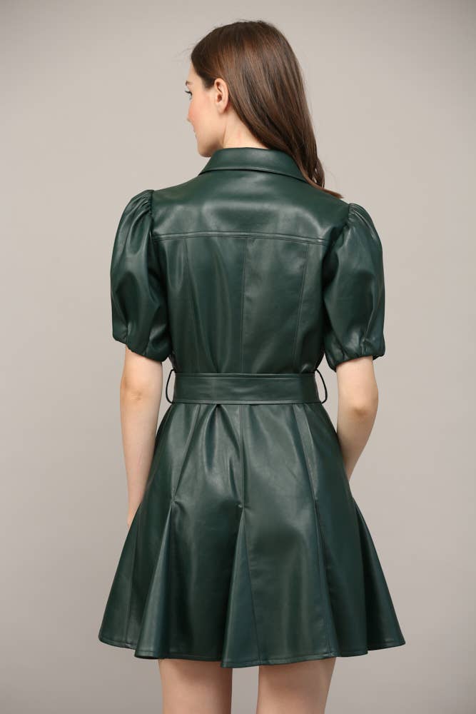 PANELLED FAUX LEATHER WAIST TIE PUFF SLEEVE FLARE DRESS