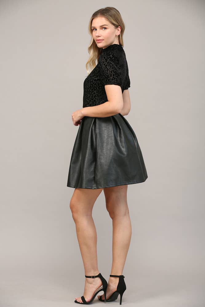 PLEAT DETAIL FAUX LEATHER FIT AND FLARE DRESS