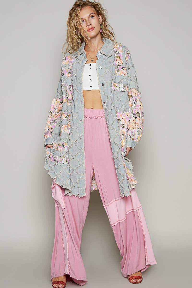 Contrast floral print frayed texture button down shacket