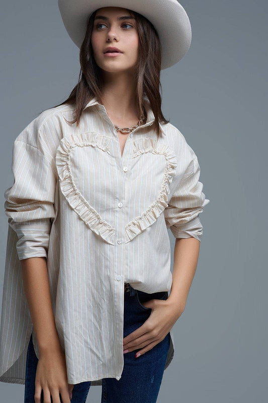 Beige Relaxed Striped Shirt With Heart Seam Detail