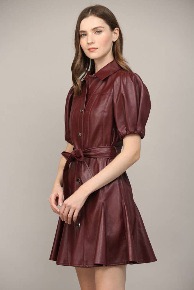 PANELLED FAUX LEATHER WAIST TIE PUFF SLEEVE FLARE DRESS