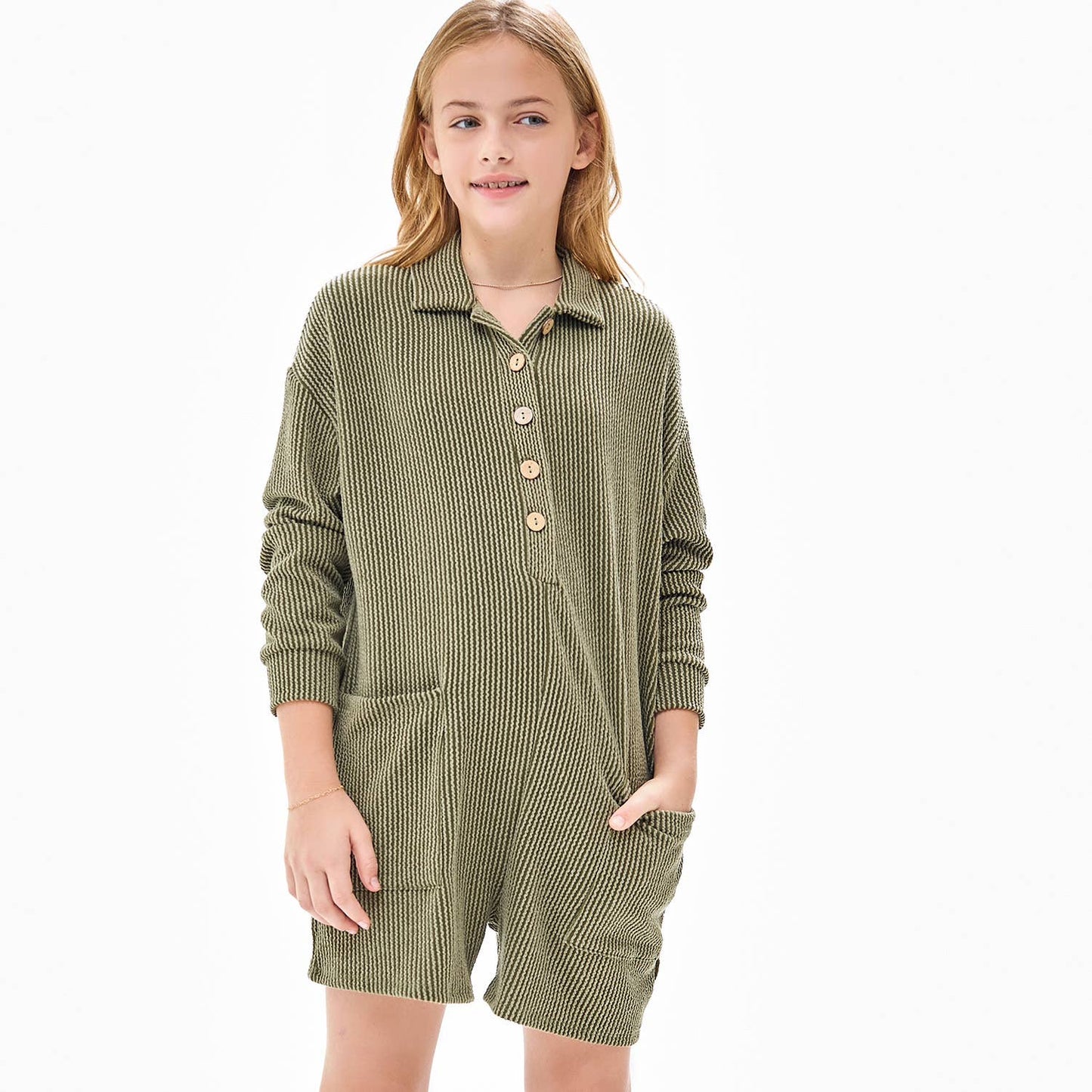 Embossed Rib Collared Button Up Romper