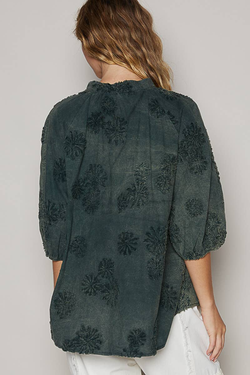 Floral embroidered short sleeve button down top