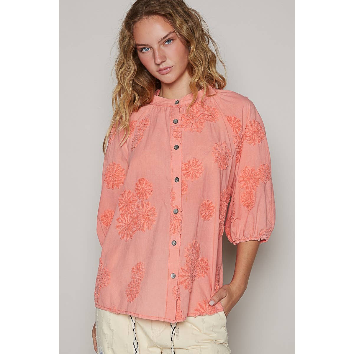 Floral embroidered short sleeve button down top