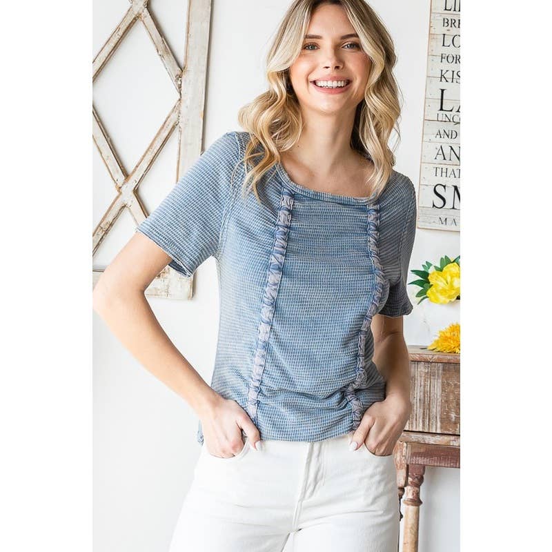 WASHED CINCHED SHORT SLEEVE KNIT TOP