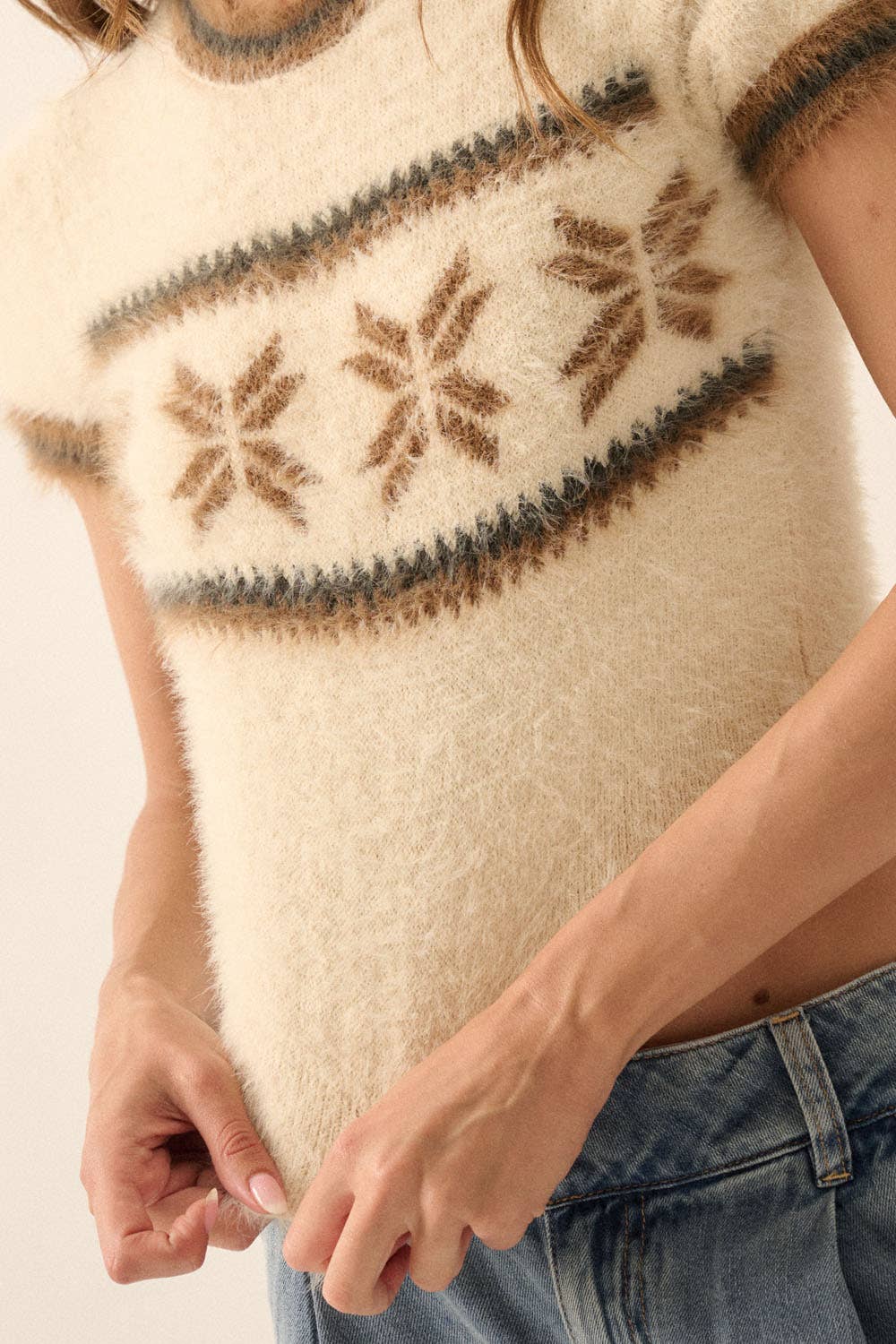 Alpine Fuzzy Knit Cropped Short-Sleeve Sweater