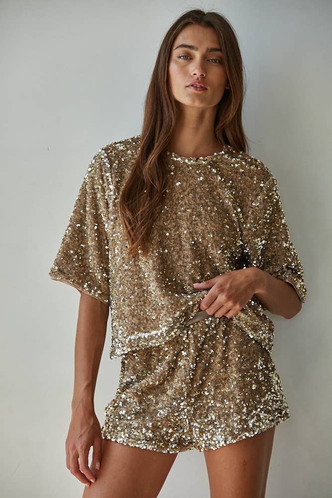 Woven Polyester Spandex Sequin Top