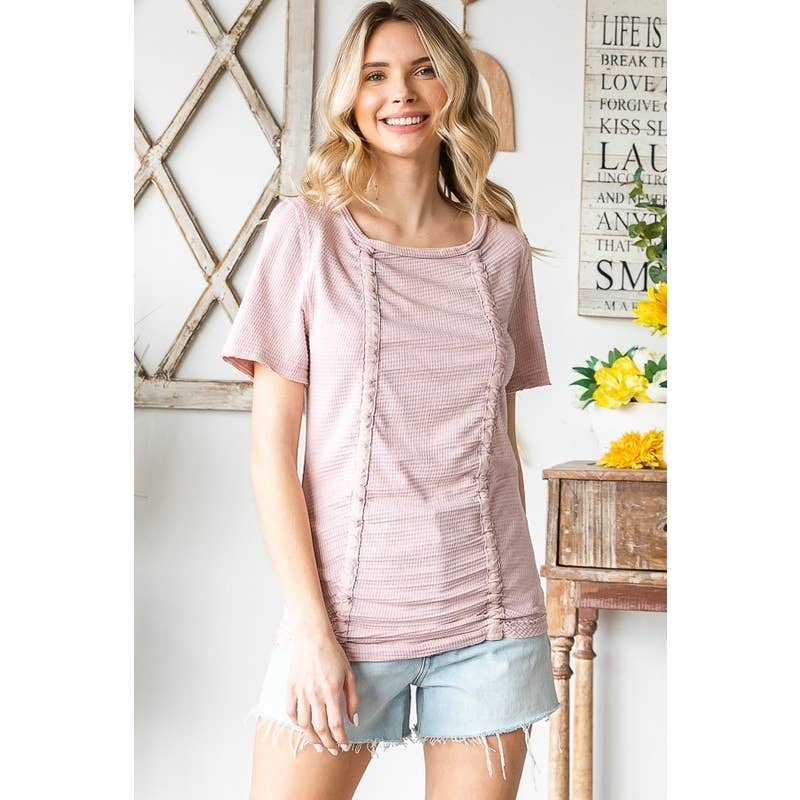 WASHED CINCHED SHORT SLEEVE KNIT TOP