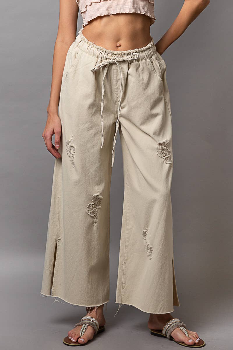 Wide leg drawstring elastic waist distressed denim pants