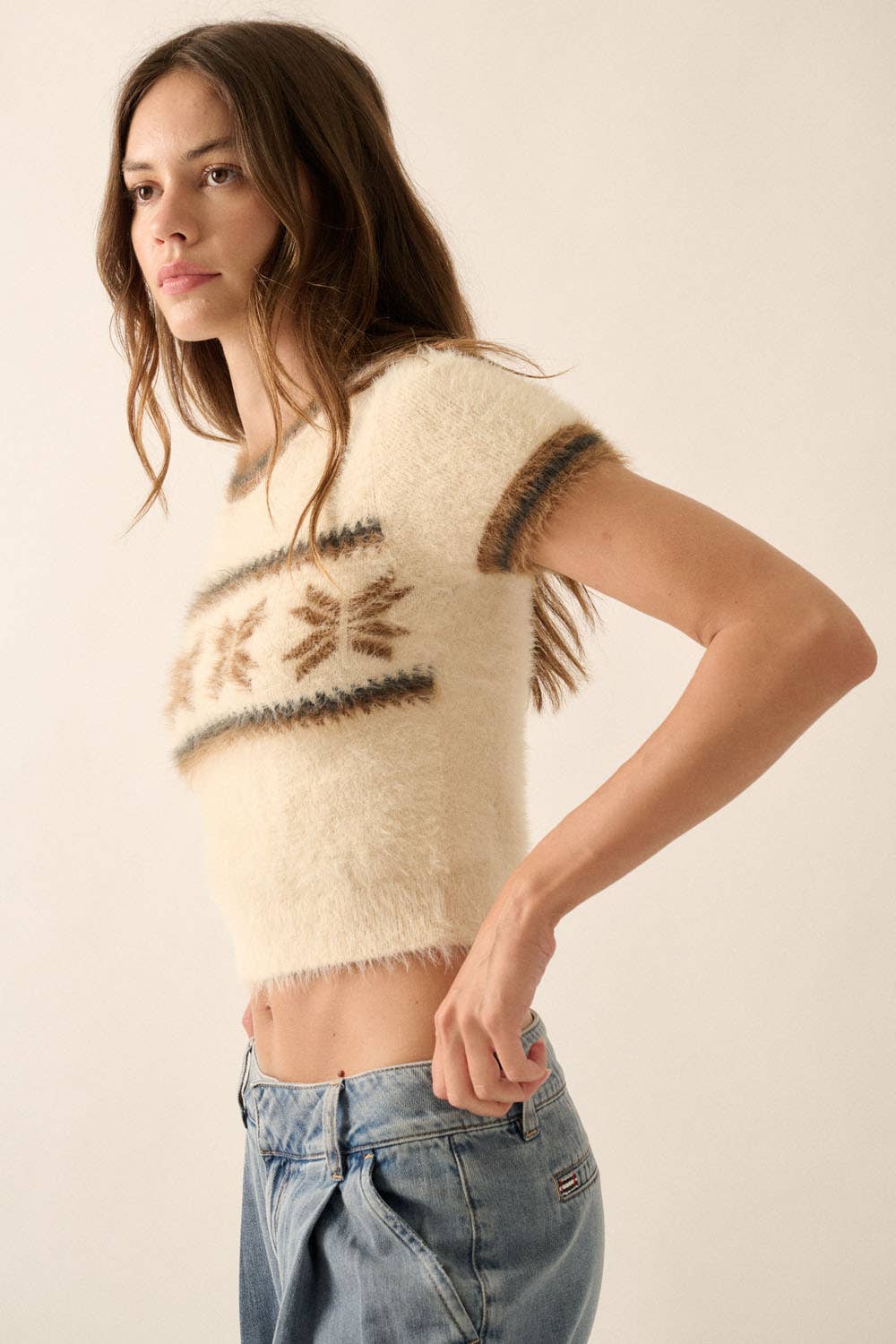 Alpine Fuzzy Knit Cropped Short-Sleeve Sweater